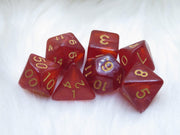 Polyset Dice | Dobbelstenen - Set Van 7 Stuks - Rood Glitters Goud Transparant| Voor D&D en Andere Rollenspellen | Plastic Dobbelstenen Set voor Dungeons and Dragons | Polyhedral Dice Set