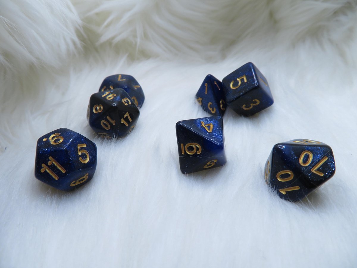 Polyset Dice | Dobbelstenen - Set Van 7 Stuks - Blauw Zwart Glitters Transparant Doorzichtig Goud| Voor D&D en Andere Rollenspellen | Plastic Dobbelstenen Set voor Dungeons and Dragons | Polyhedral Dice Set