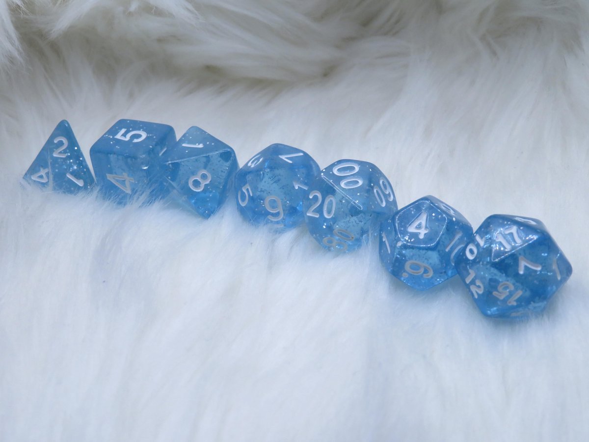 Polyset Dice | Dobbelstenen - Set Van 7 Stuks - Licht Blauw Glitters Wit Doorzichtig Transparant| Voor D&D en Andere Rollenspellen | Plastic Dobbelstenen Set voor Dungeons and Dragons | Polyhedral Dice Set