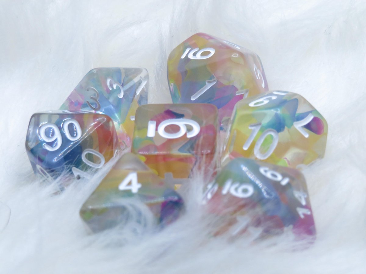 Polyset Dice | Dobbelstenen - Set Van 7 Stuks - Regenboog Rood Geel Groen Blauw Paars Transparant Wit | Voor D&D en Andere Rollenspellen | Plastic Dobbelstenen Set voor Dungeons and Dragons | Polyhedral Dice Set