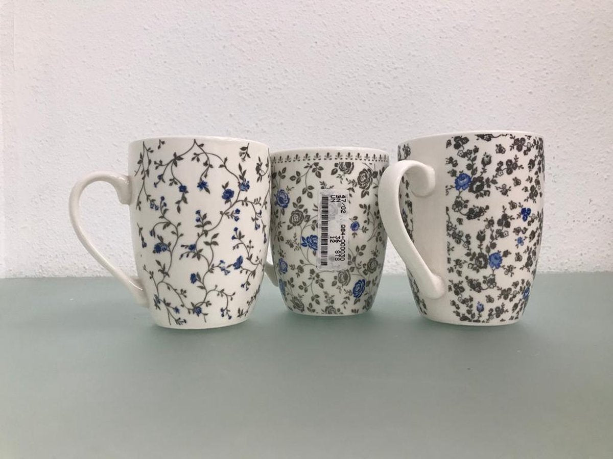 Mokken - 3 stuks - wit met bloemetjes als opdruk - 300ml