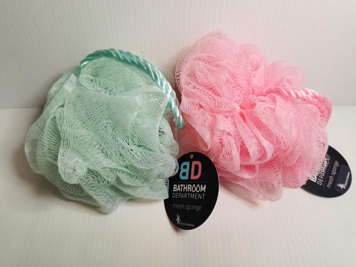 Set van 2 stevige mesh sponzen met satijnen touw voor bad of douche  roze-groen