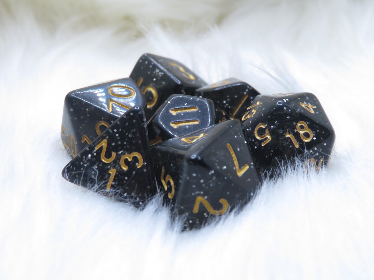 Polyset Dice | Dobbelstenen - Set Van 7 Stuks - Zwart Glitters Goud Transparant| Voor D&D en Andere Rollenspellen | Plastic Dobbelstenen Set voor Dungeons and Dragons | Polyhedral Dice Set
