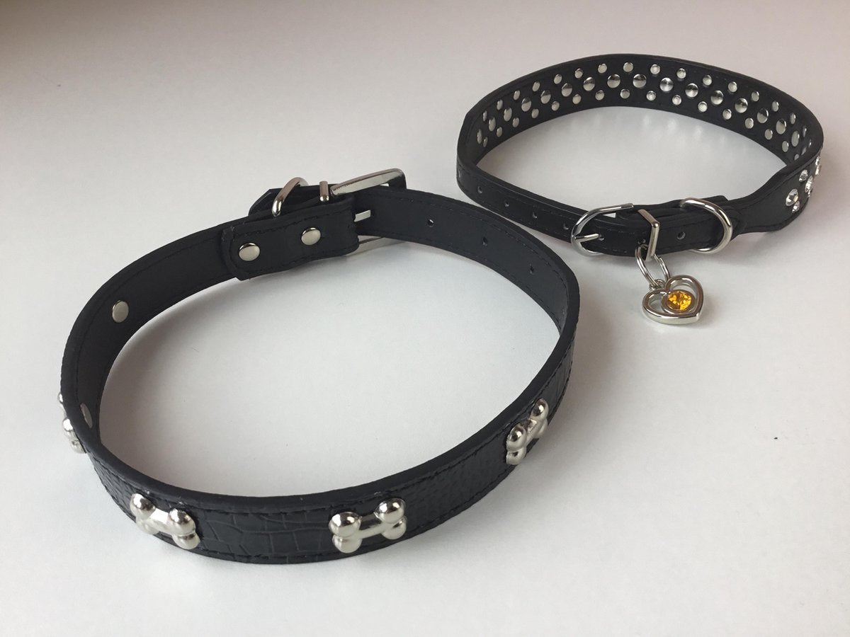 Honden Halsband - Zwart - 2 Stuks/Duopack - Strass - 41 Tot 47 cm Halsbreedte - Luxe