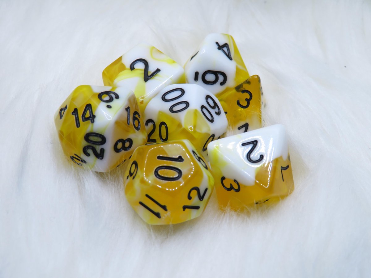 Polyset Dice | Dobbelstenen - Set Van 7 Stuks - Geel Wit Marmer Parelmoer Zwart Doorzichtig Transparant | Voor D&D en Andere Rollenspellen | Plastic Dobbelstenen Set voor Dungeons and Dragons | Polyhedral Dice Set