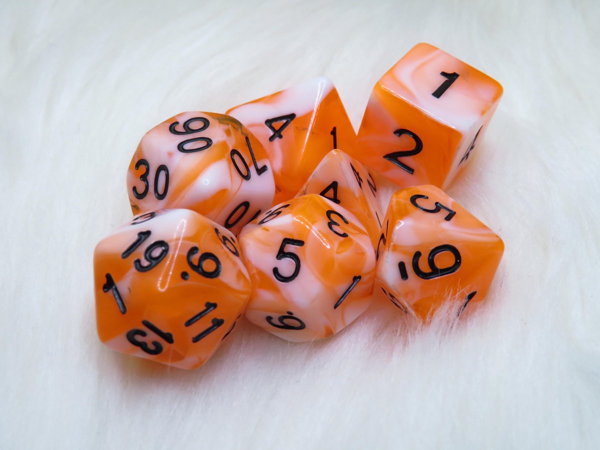 Polyset Dice | Dobbelstenen - Set Van 7 Stuks - Oranje Wit Marmer Parelmoer Zwart Doorzichtig Transparant | Voor D&D en Andere Rollenspellen | Plastic Dobbelstenen Set voor Dungeons and Dragons | Polyhedral Dice Set