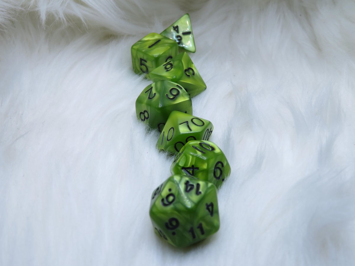 Polyset Dice | Dobbelstenen - Set Van 7 Stuks - Groen Geel Marmer Parelmoer Zwart | Voor D&D en Andere Rollenspellen | Plastic Dobbelstenen Set voor Dungeons and Dragons | Polyhedral Dice Set