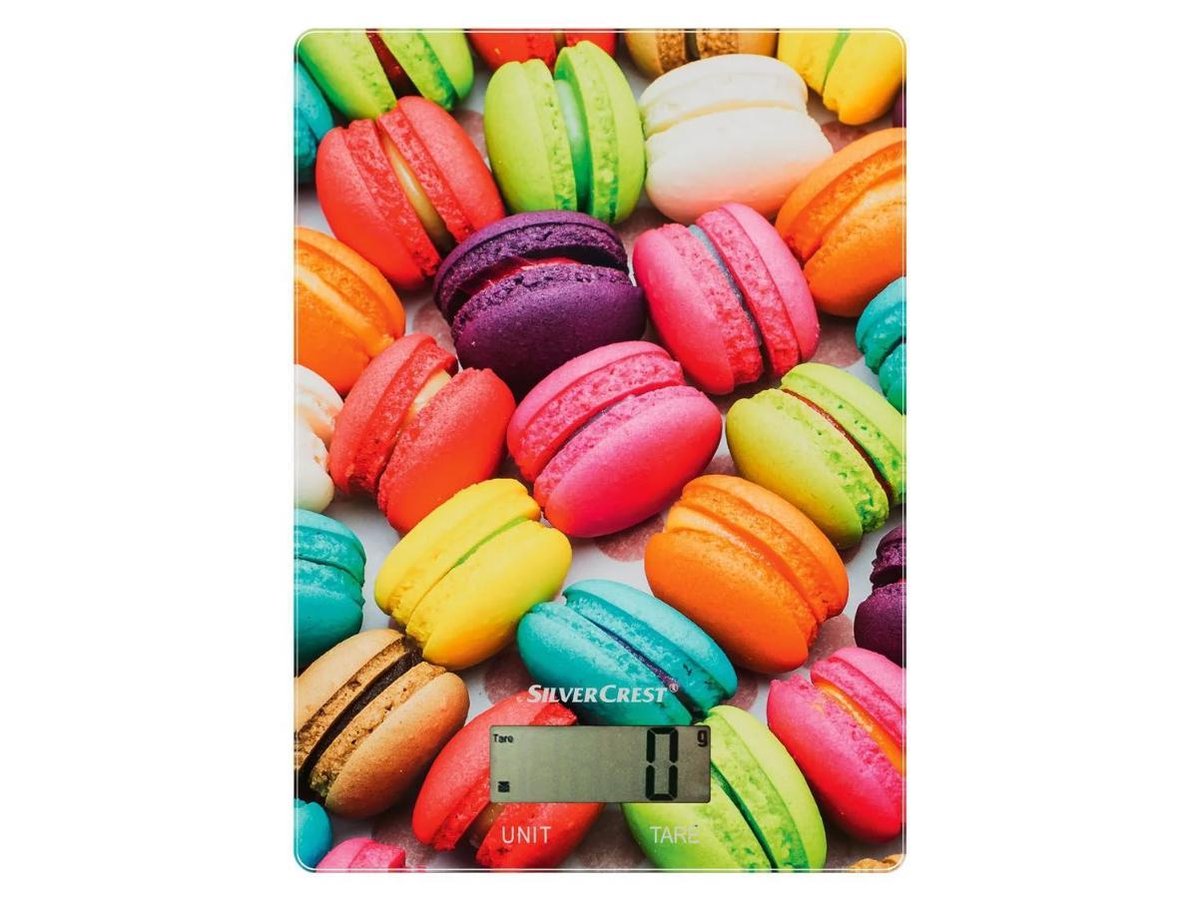Silvercrest Keukenweegschaal - Deze weegschaal in leuk Macarons design is onmisbaar in de keuken - Nauwkeurigheid: tot 5 kg op de gram nauwkeurig - Ook geschikt als brief- of pakketweegschaal