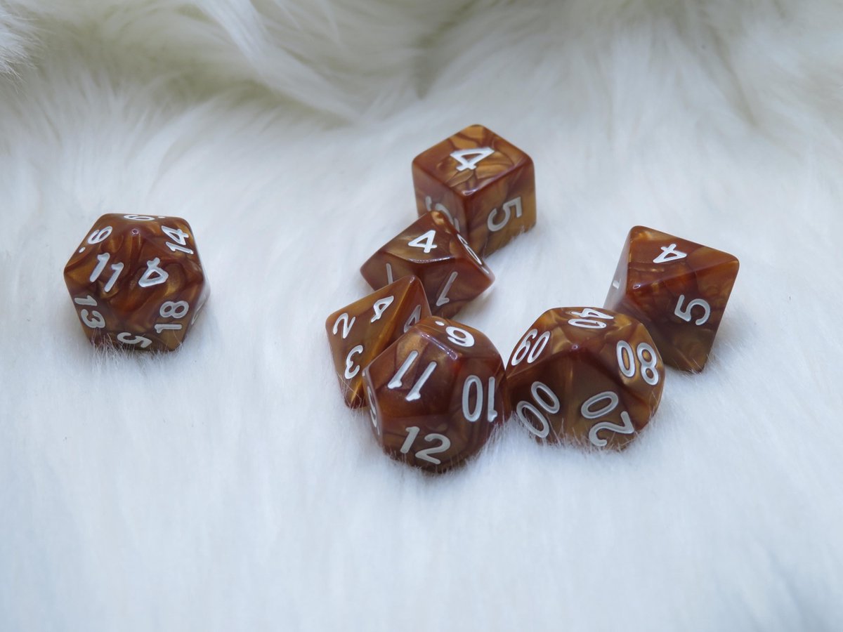 Polyset Dice | Dobbelstenen - Set Van 7 Stuks - Bruin Marmer Parelmoer Wit | Voor D&D en Andere Rollenspellen | Plastic Dobbelstenen Set voor Dungeons and Dragons | Polyhedral Dice Set