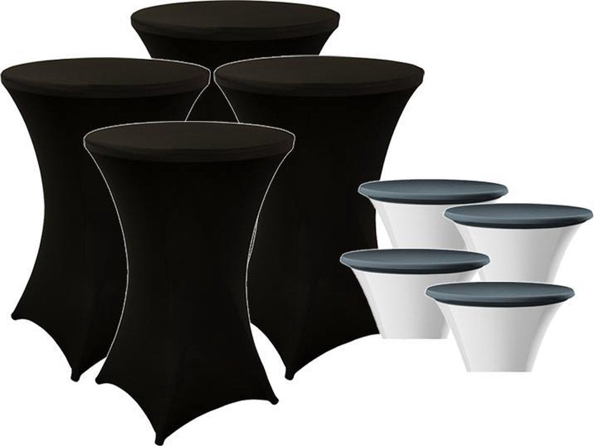 Zwarte Statafelrok x 4 + Top Cover x 4 – 80 cm x 110 cm hoog | Cocktailtafel | Statafelhoes met Topcover | Inclusief Zwarte Statafelhoes | Staantafelrok Stretch Rok | Horeca Staantafelhoes Zwart inclusief Topper