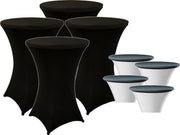 Zwarte Statafelrok x 4 + Top Cover x 4 – 80 cm x 110 cm hoog | Cocktailtafel | Statafelhoes met Topcover | Inclusief Zwarte Statafelhoes | Staantafelrok Stretch Rok | Horeca Staantafelhoes Zwart inclusief Topper