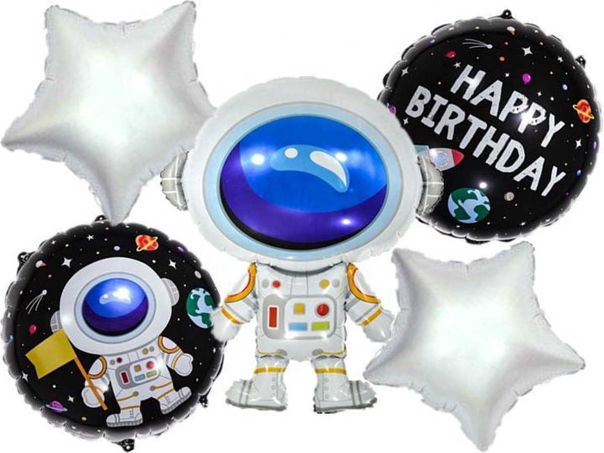 Astronaut-Spacemen-Set(5Stuks)-blauw-Sterren-Folie-Ballon