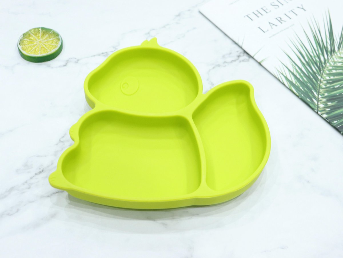 Handig en grappig siliconen Eekhoorn baby bordje met vakjes en zuignap | Babybordje | Kinderbordje | kleur groen | BPA en PVC vrij bord