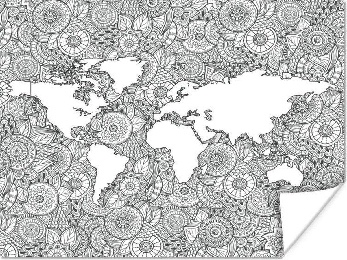 Wereldkaarten - Wereldkaart - Patroon - Zwart - Wit - 80x60 cm