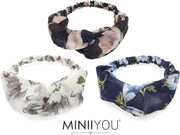 MINIIYOU® Set 3 stuks chiffon haarbanden dames en meiden - tieners - vrouwen - volwassenen haarbanden gebloemd wit blauw zwart | dames haarband bloemenprint met knoop