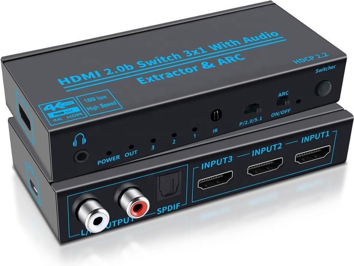 HDMI Switch 3 in 1 uit poort + Afstandsbediening | 4K@60Hz | Aux – Optical – SPDIF | 4K HDR | HDCP 2.2 | ARC