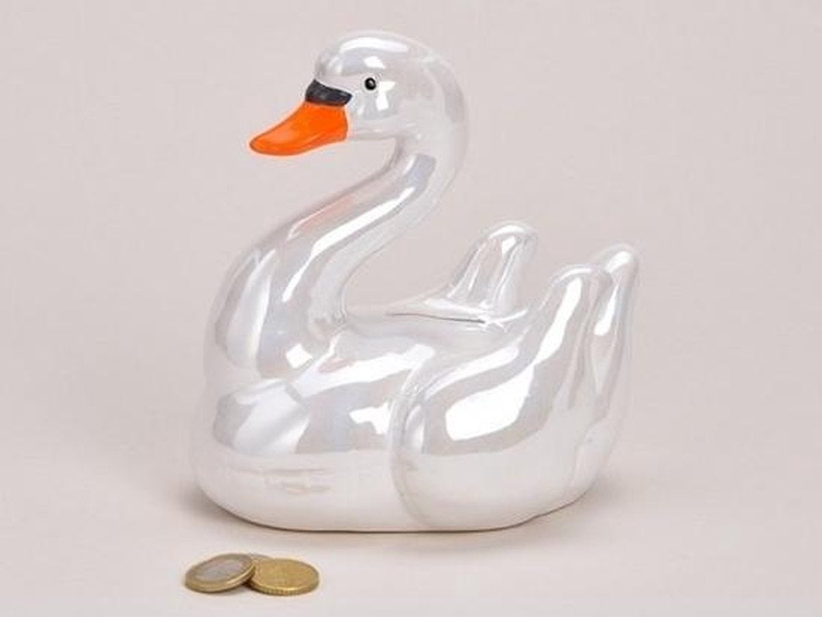 Spaarpot zwaan/zwanen beeldje parelmoer wit 18 cm