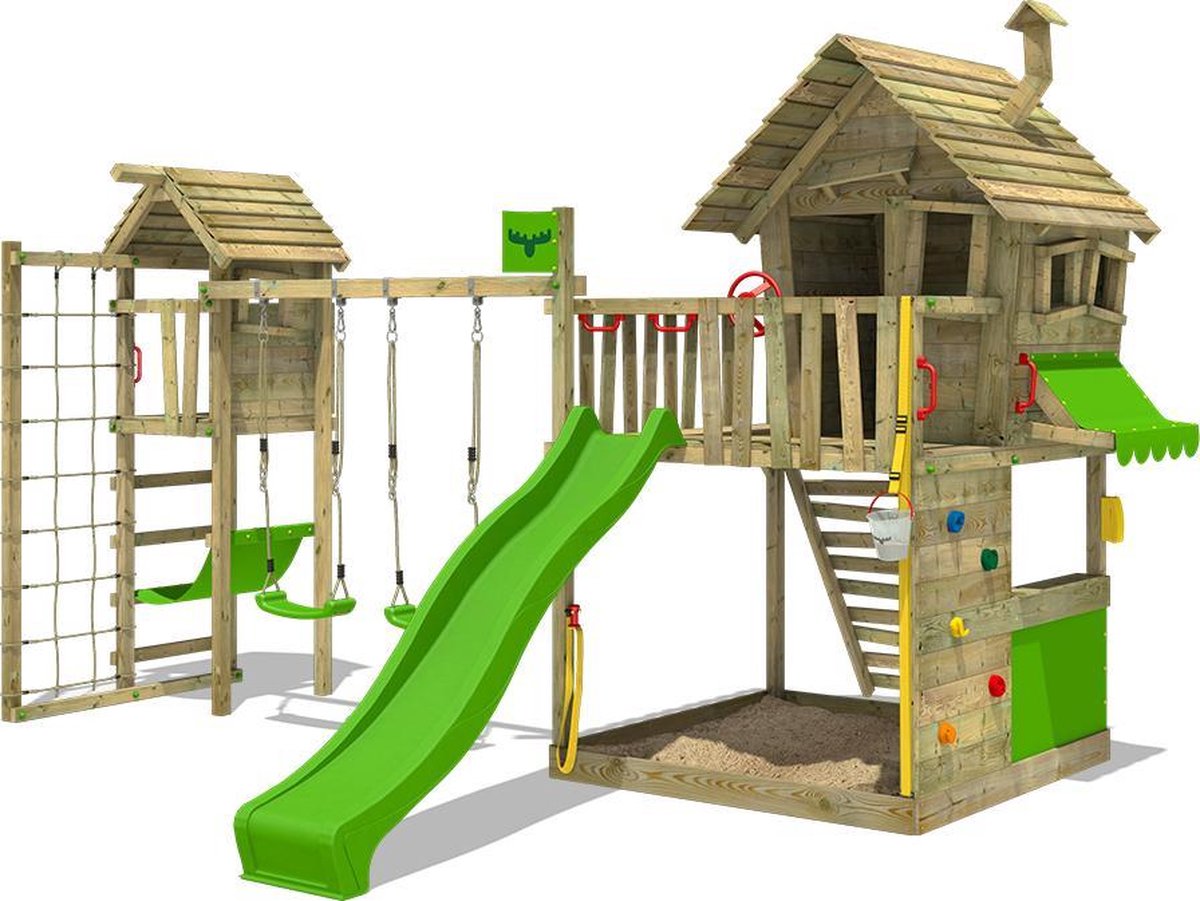 FATMOOSE Speeltoestel voor tuin GroovyGarden met schommel TowerSwing en appelgroene glijbaan