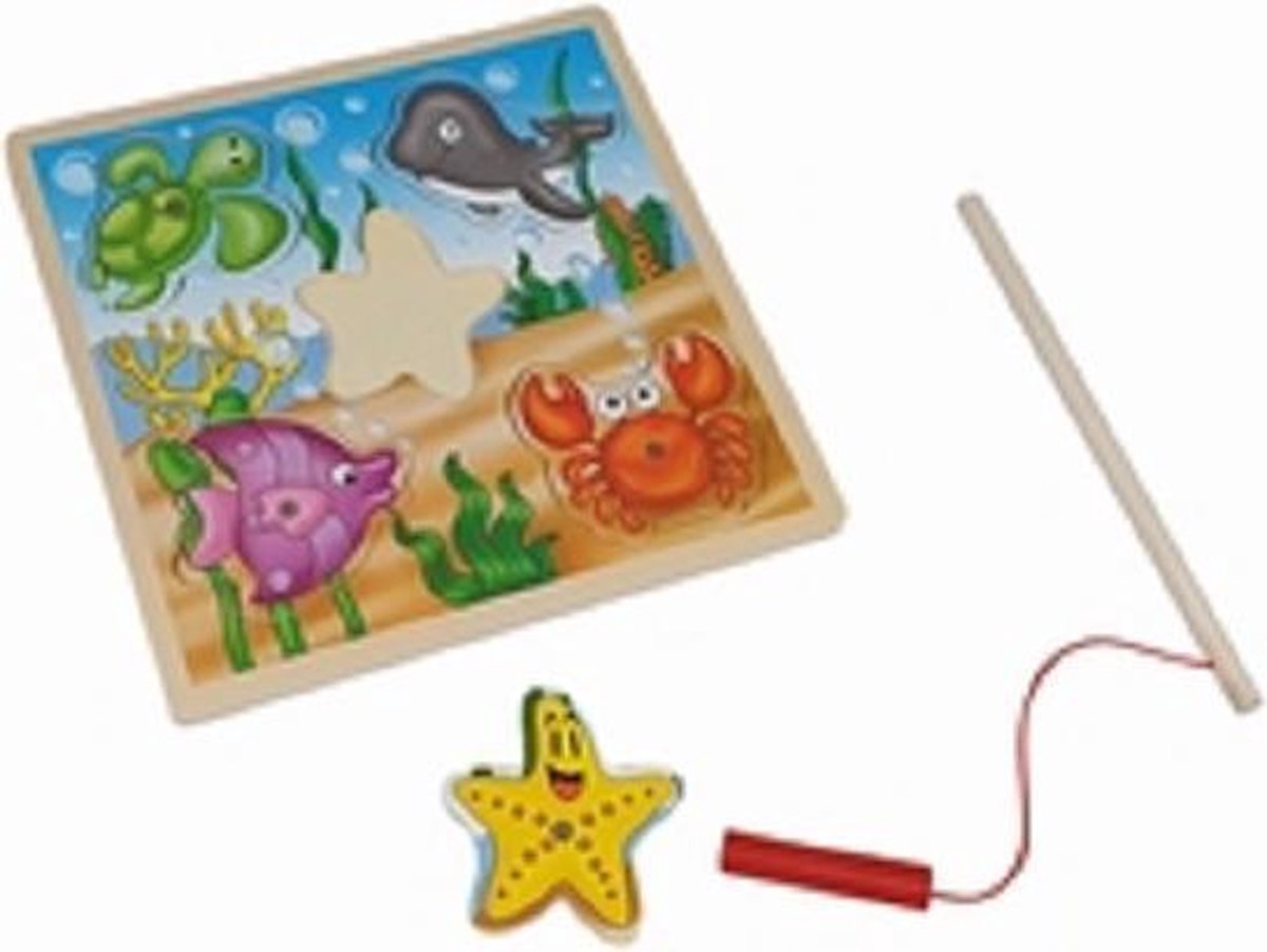 Houten visspel magnetische puzzel zeedieren met hengel