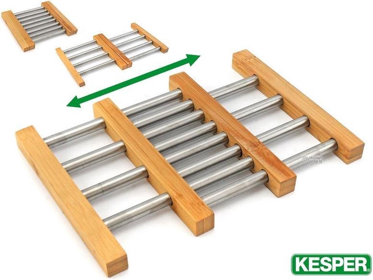 Luxe VERSTELBARE FSC® Houten Bamboe/Rvs Pannenhouder / Pannen Onderzetter | Variabel instelbare Panonderzetter van: 22