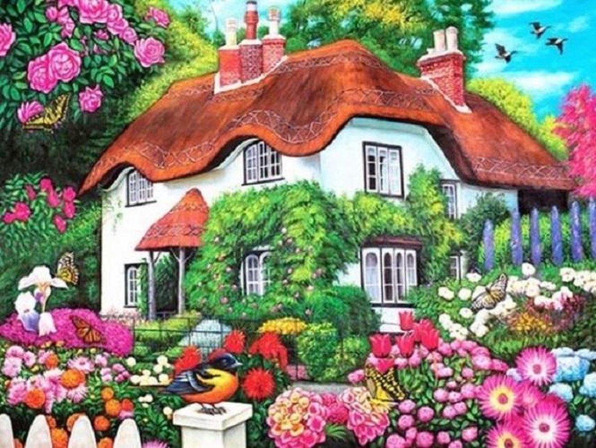 Huis in Prachtige Bloementuin met Vogels en Vlinders - Diamond Painting - 15x20cm - Complete Set - Inclusief Tools - Stipco
