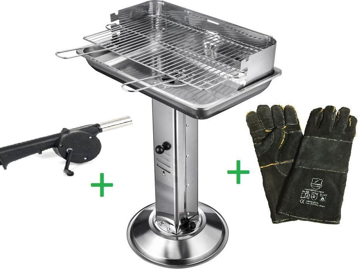 Garden Grill Houtskool Zuilbarbecue - Vierkant - RVS - Vierkant - RVS Barbecue ZUILMODEL - Camping Party Outdoor Grill  INCLUSIEF GRATIS  barbecue starter - blazer - blower en bbq handschoenen