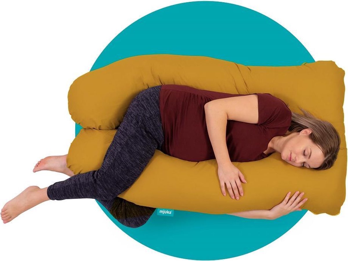 Mjuka® Zwangerschapskussen XXL Vezelbolletjes | Soft Cotton Oeko-Tex Standard 100 | Lichaamskussen | Body Pillow Okergeel | Zijslaapkussen 280 cm | Incl. Luxe Opbergtas
