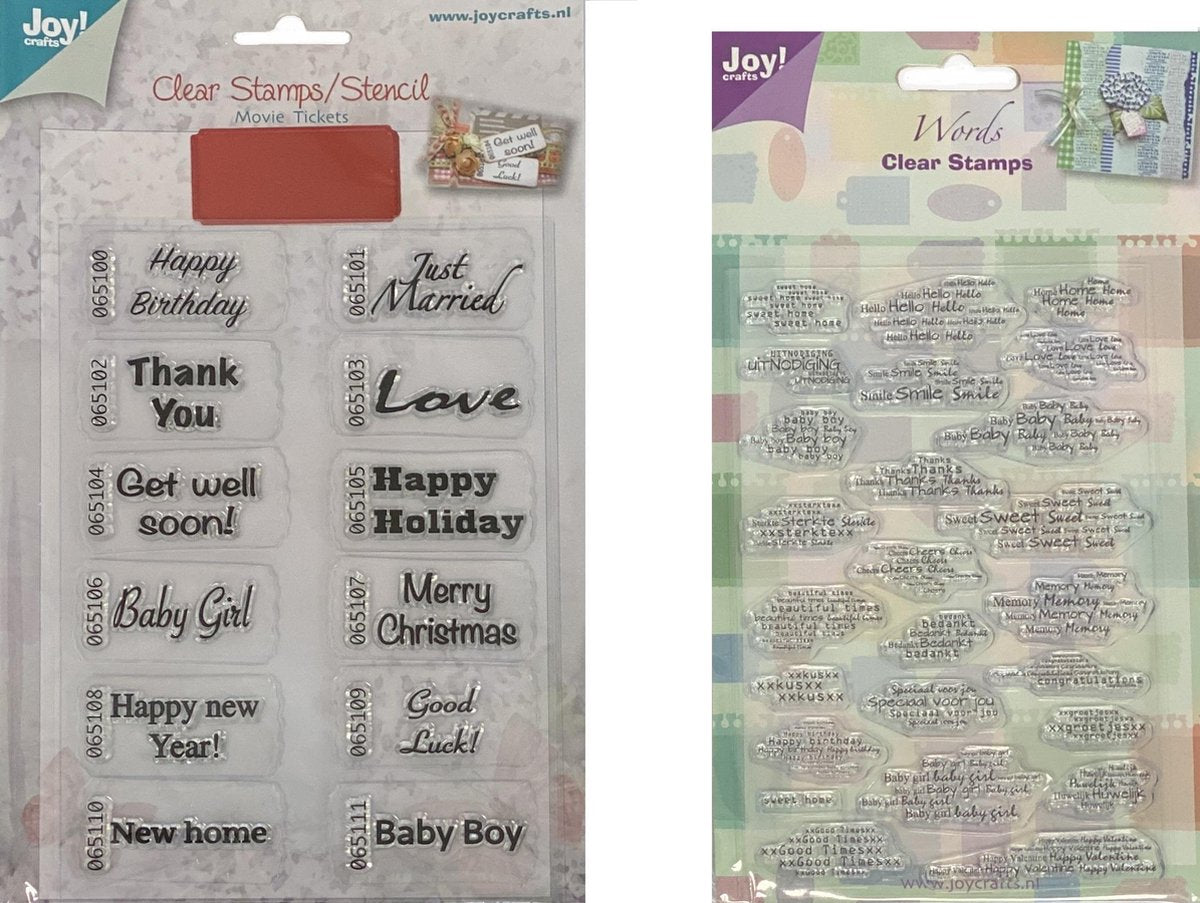 Joy!Crafts / Clear stamp 105x172mm - Stencil 48x22mm Movie Tickets  en Clear Stamps Words 105x148 mm / Stempel Set - Stansmal