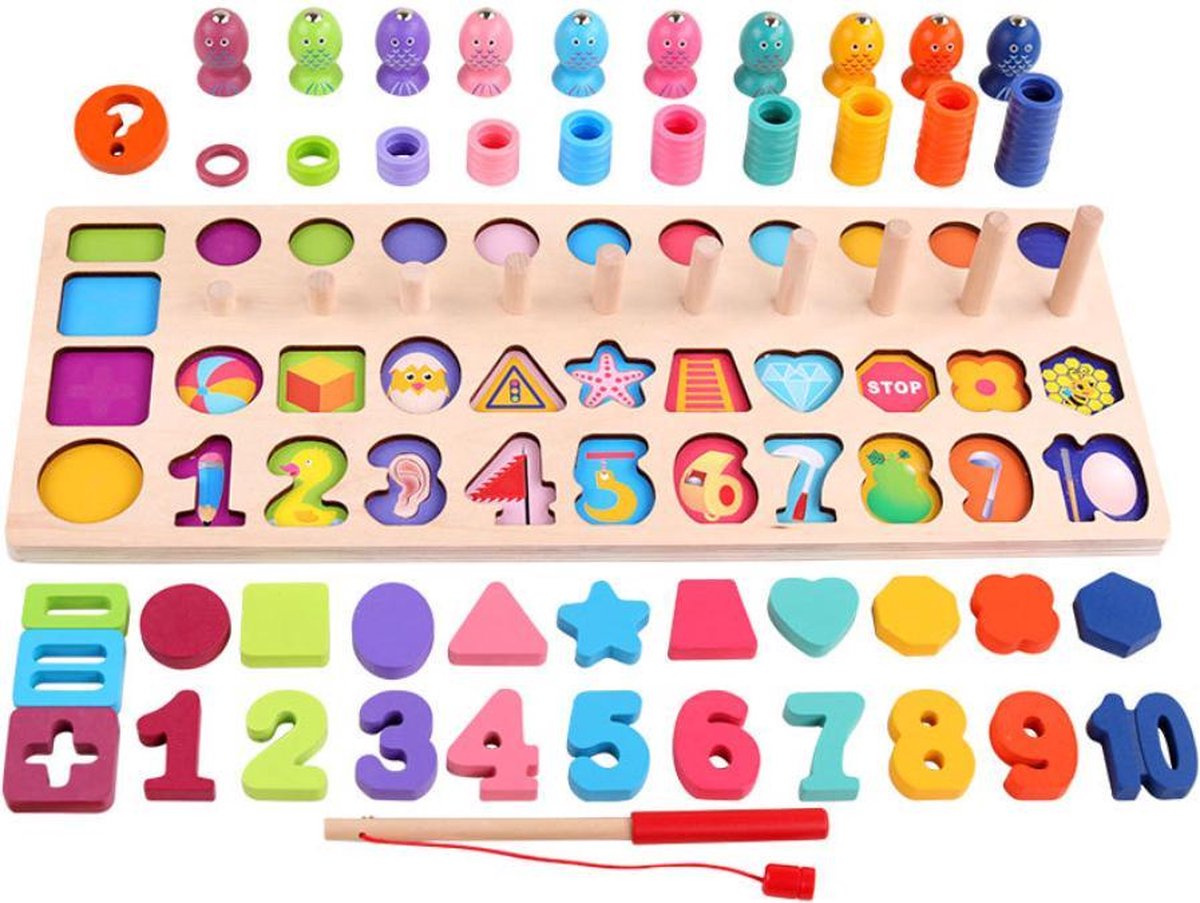 5-in-1 Visspel & Houten Nummer Puzzel & Houten Getallen Puzzel & Rekenpuzzel - Rekenen & Kleuren & Vormen & Nummer & Vormenpuzzel & Fishing Game- Tellen en stapelen - Wooden Blocks - Ik Leer Cijfers - Montessori speelgoed | Smartgames voor kinderen