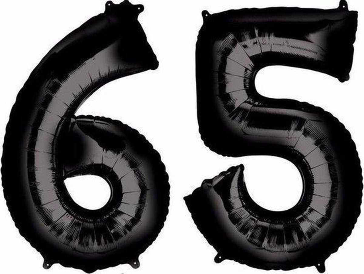Folie ballon zwart XL cijfer 65  is + - 1 meter  groot inclusief een flamingo sleutelhanger