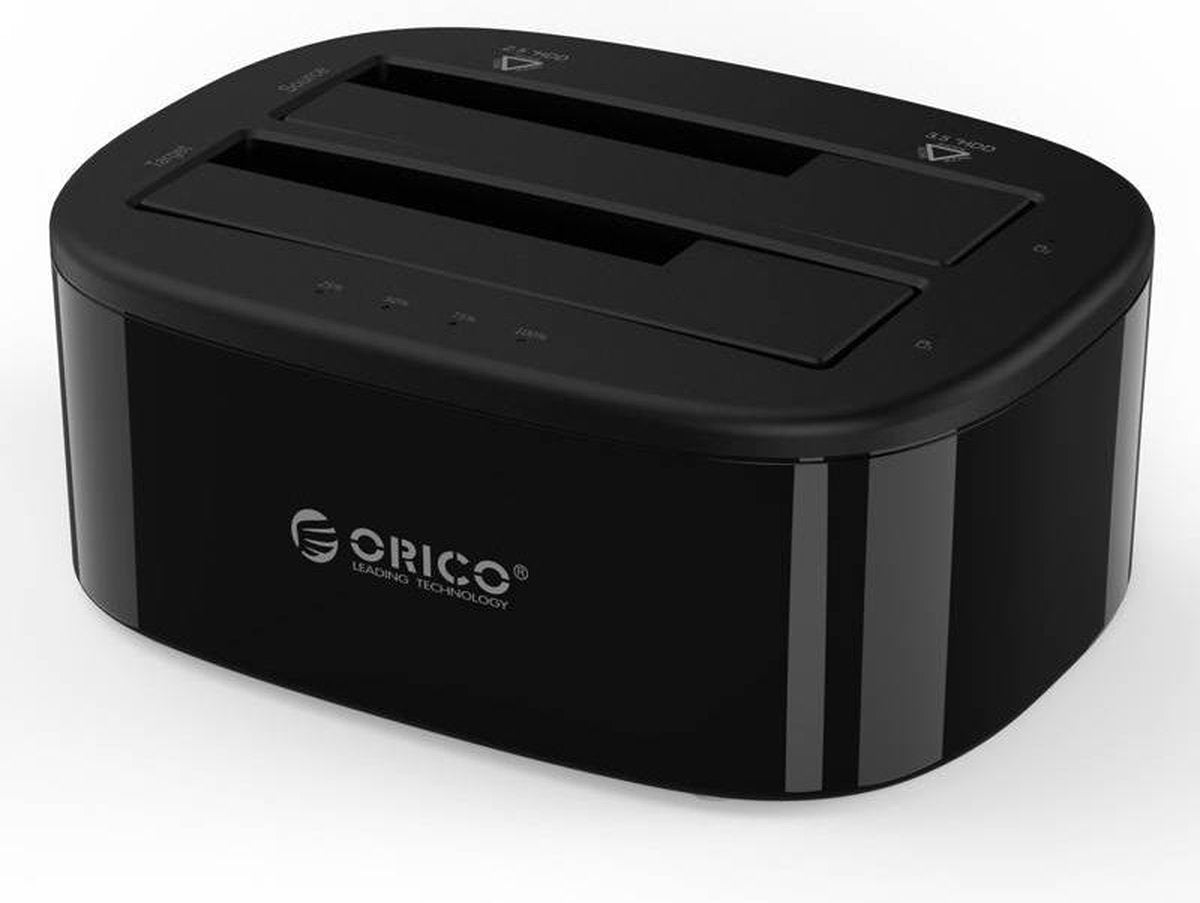 Orico - Dual bay USB 3.0 docking station voor 2.5 / 3.5 inch harde schijven met kloon functie - HDD/SSD - Incl. Datakabel en stroomadapter - LED-indicatoren - Hoogglans / Mat Zwart
