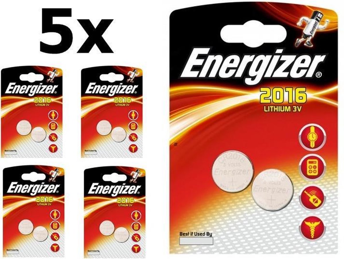 10 Stuks (5 Blister a 2st) Energizer CR2016 Professional Electronics 3V 90mAh Lithium knoopcel