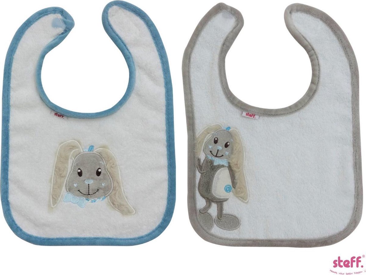 Steff konijntje "Rabbit" set van 2 slabbetjes blauw + grijs
