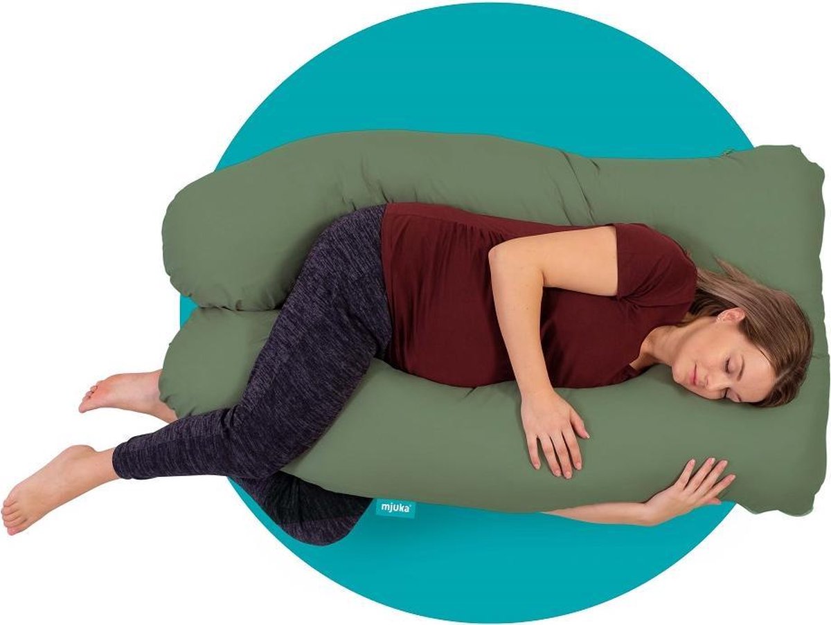 Mjuka® Zwangerschapskussen XXL Vezelbolletjes | Soft Cotton Oeko-Tex Standard 100 | Lichaamskussen | Body Pillow Groen | Zijslaapkussen 280 cm | Incl. luxe opbergtas