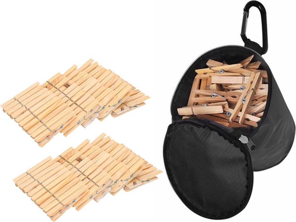 Wasknijpers tasje met haak en 200 stuks houten wasknijpers - Was ophangen - handige huishouden artikelen