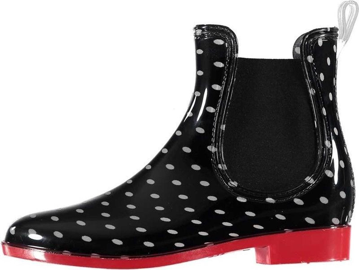 Zwarte korte dames regenlaarzen met  grijze stippen en zwart elastiek - Rubberen laarzen/regenlaarsjes dames 41
