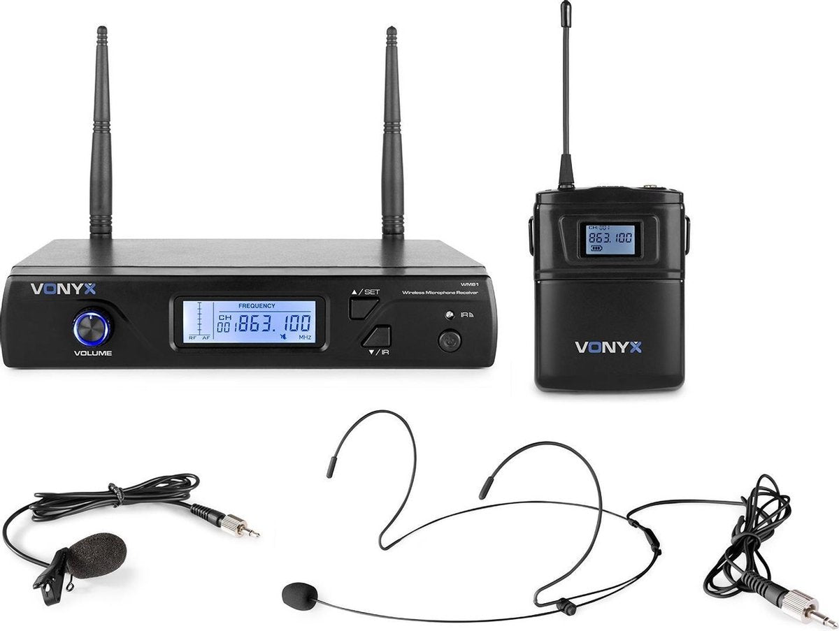 Draadloze microfoon - Vonyx WM61B draadloze headset microfoon - 16 kanaals - UHF - Headset / dasspeld
