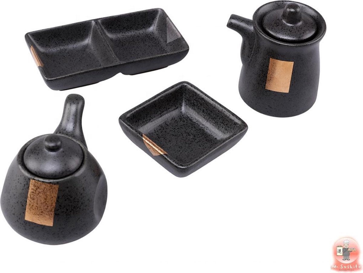 Mr. Sushito – Black/Gold kleurige – Japanese style – Sushi set – Potje – Soja Saus bakje – 4-delige set - Sushi servies