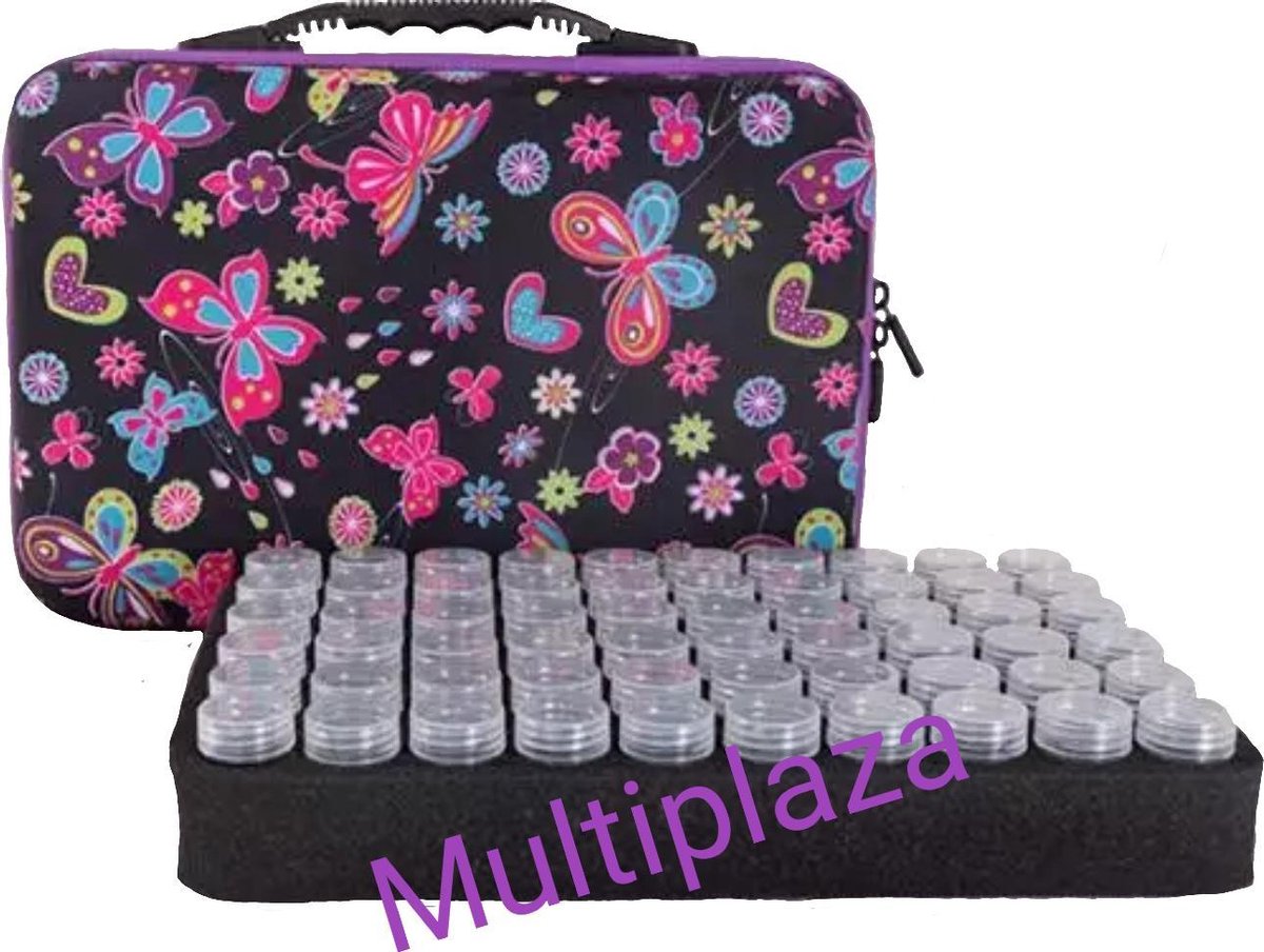 Luxe Sorteerkoffer "Multiplaza" met 60 potjes PAARS met vlinders design - diamond painting - hobby - opbergkoffer- opberg - organizer - knutselen - creatief - kralen