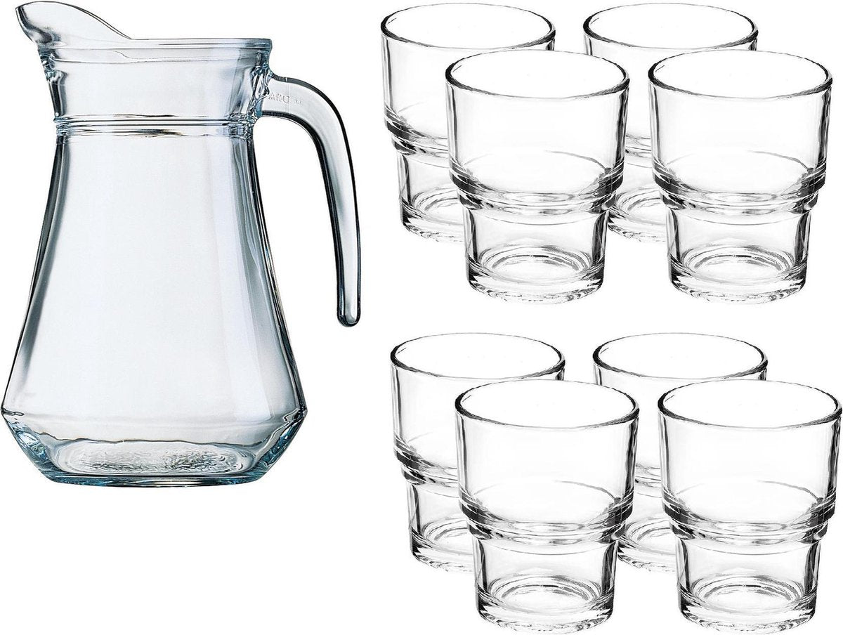 Glazen schenkkan/karaf 1 liter met 8x waterglazen 210 ml - Waterglazen/drinkglazen
