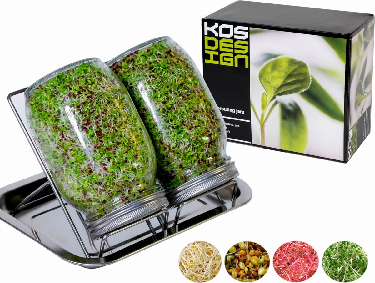 Zaden Spruiten - Kiemglas - Kiempot set - Kiempotten set - XL 1000ML - RVS - Superfood - Groente kiemen