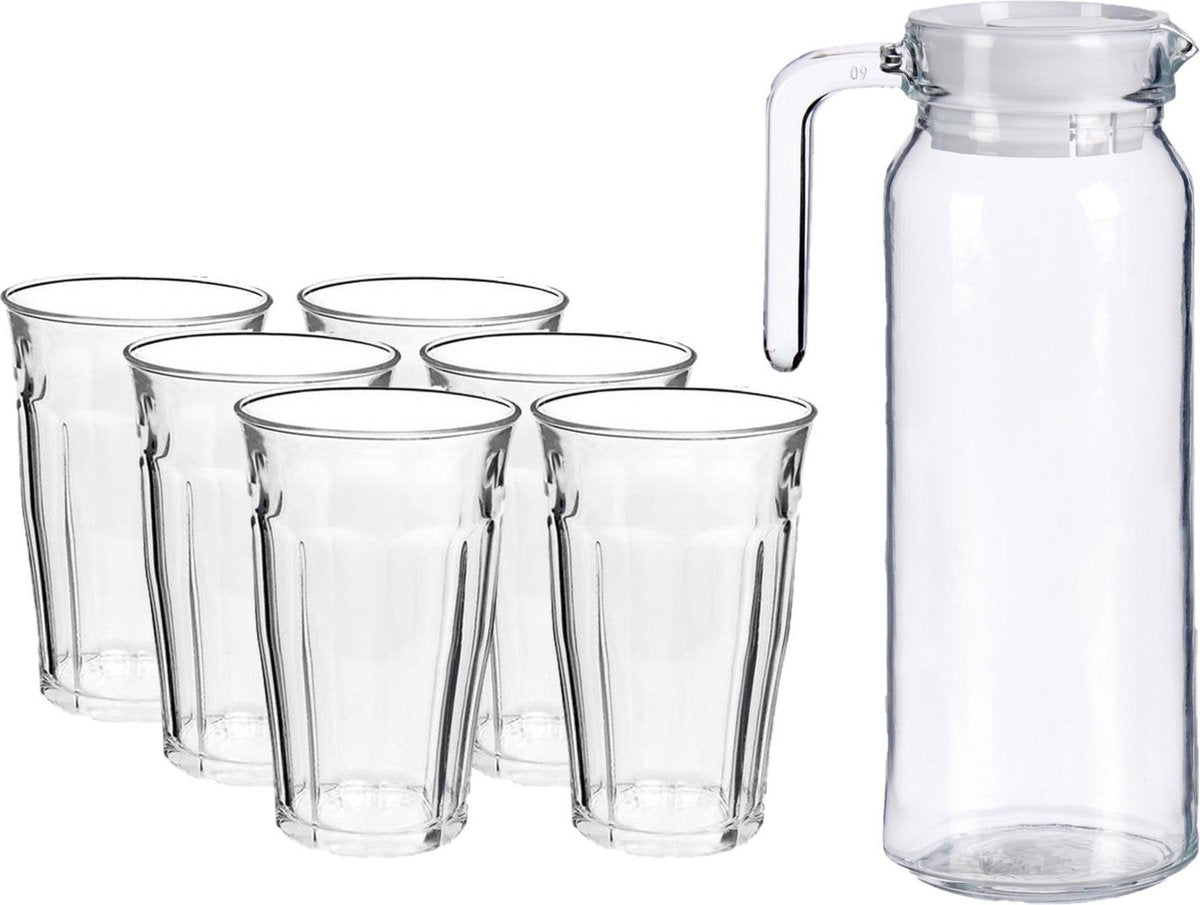 Glazen karaf/schenkkan met deksel van 1 liter met 6x stuks drinkglazen/waterglazen 360 ml