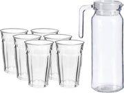 Glazen karaf/schenkkan met deksel van 1 liter met 6x stuks drinkglazen/waterglazen 360 ml