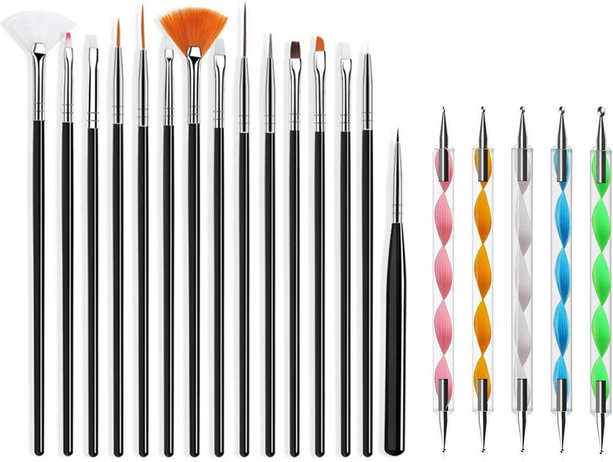 Evvie 20 delige nail art set - 15 nailart penselen en 5 dotting tools - Zwart