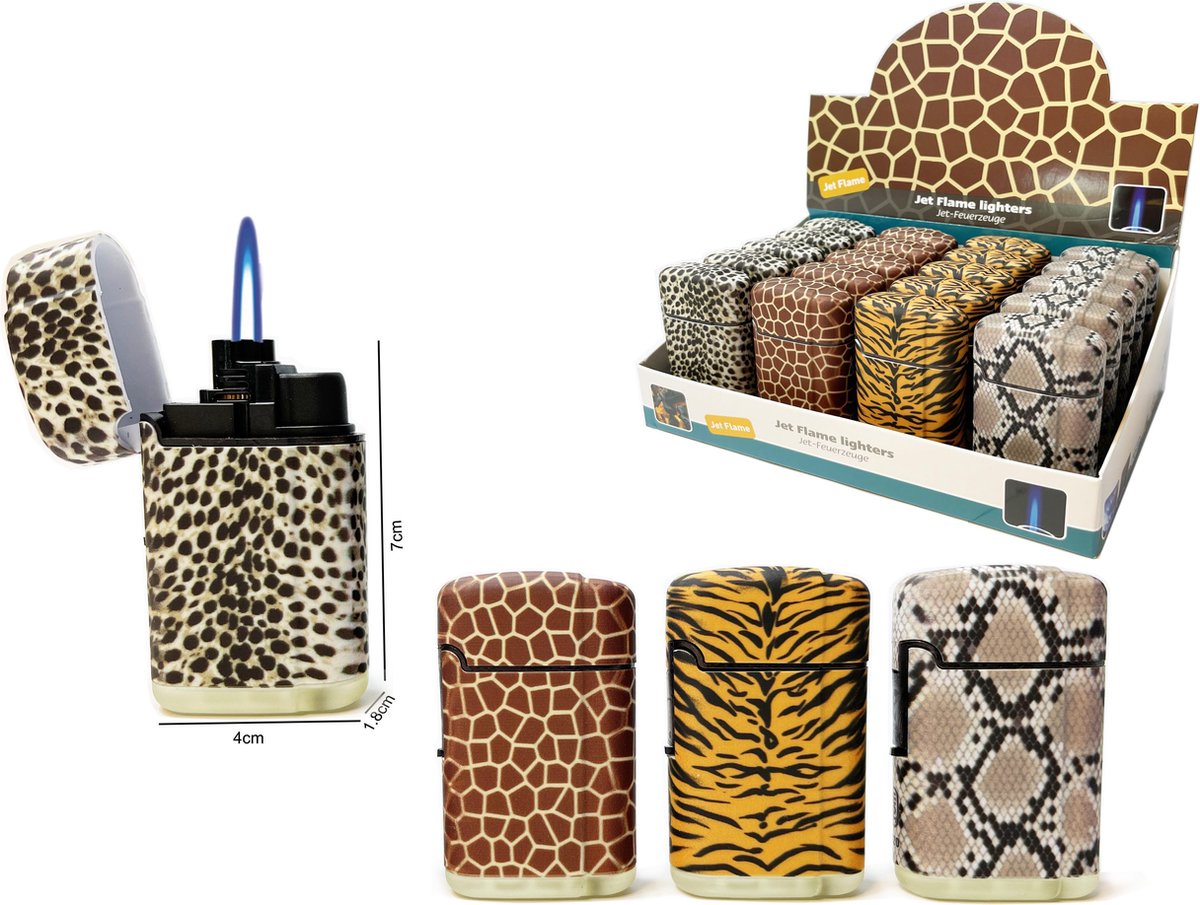 Jet Flame aanstekers - turbo aansteker - 20 stuks in display - 360° Animal print - soft touch