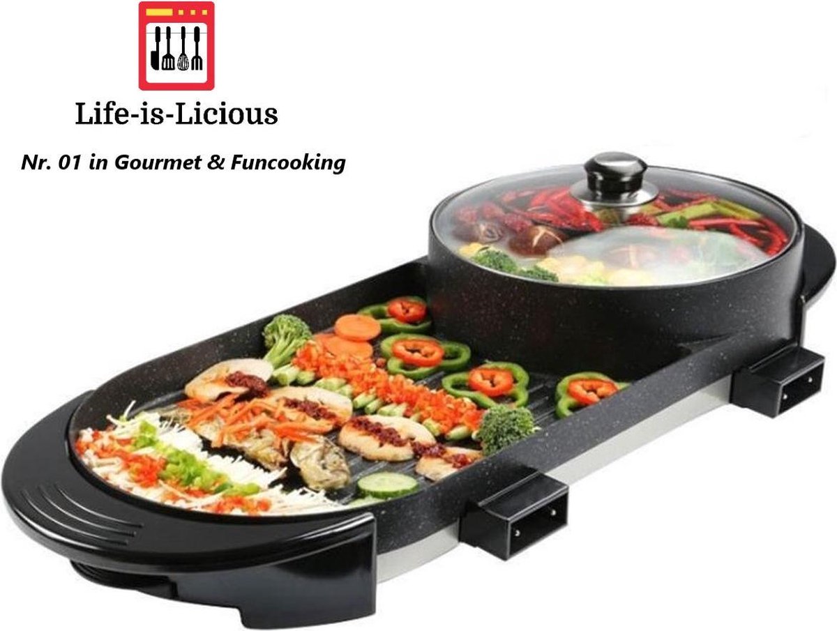 Life-is-Licious Hot-Pot & Grill - Funcooking - Bakplaat - Sukiyaki - Gourmetten - Hot Pot - Grill plaat -Korean BBQ - TomYang BBQ - Chinese Fondue - Shabu Shabu - Bouillon -  Fondue 1- 12 personen - AntI aanbaklaag