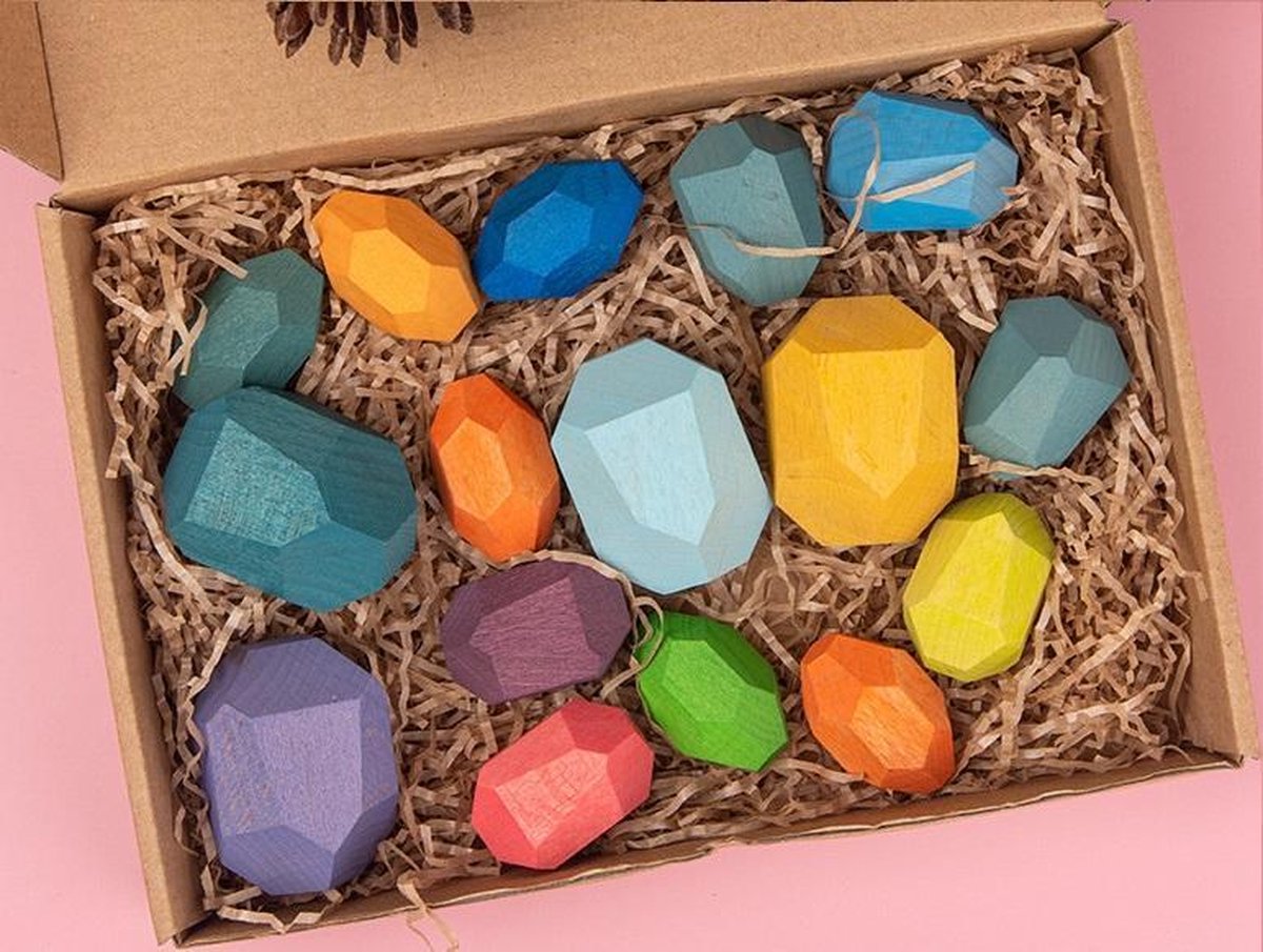 Houten Stapelstenen Set | Educatief Speelgoed | Lichtgewicht Natuurlijke Balancerende Blokken |Gekleurde Houten Stenen | Stapelen Spel | Rotsblokken | Educatieve Puzzel Speelgoed | 16 stuks