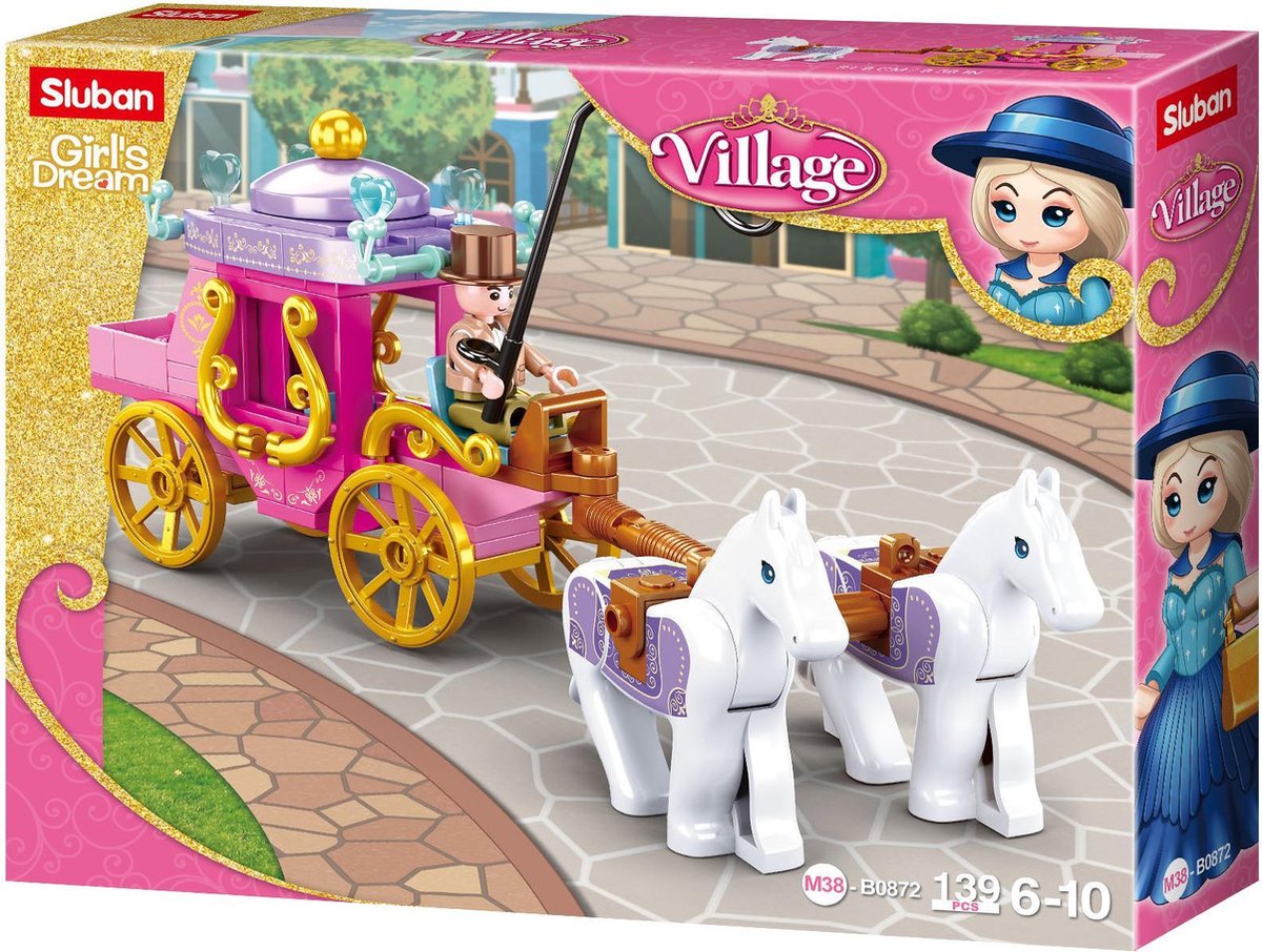 Sluban M38-B0872 Village Serie- Koets met 2 paarden - 139 onderdelen - Lego Compatibel - Bouwdoos