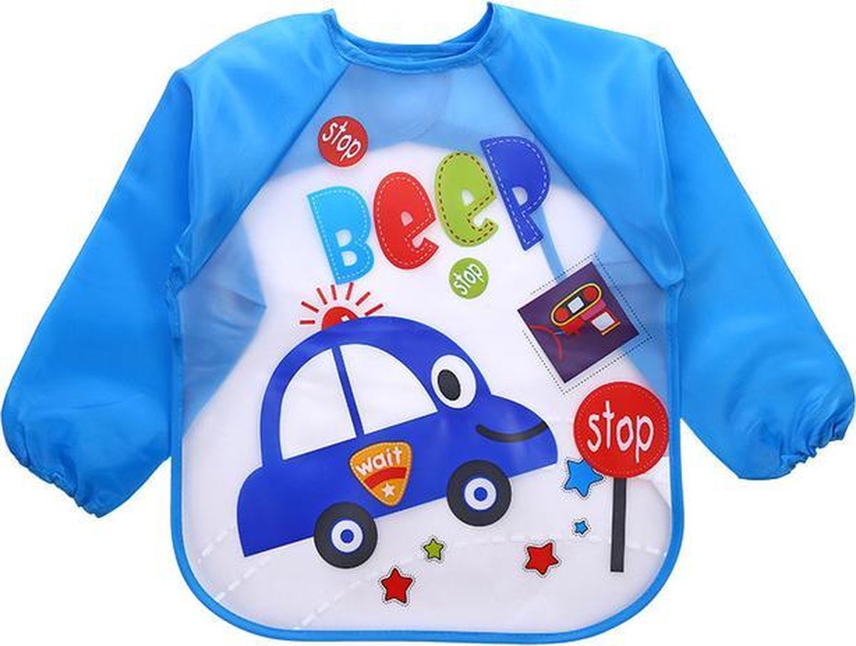 JillyBee - Slabber - Schort - Slabberschort - Waterproof - Mouwen -Auto - Beep - Stop - Blauw