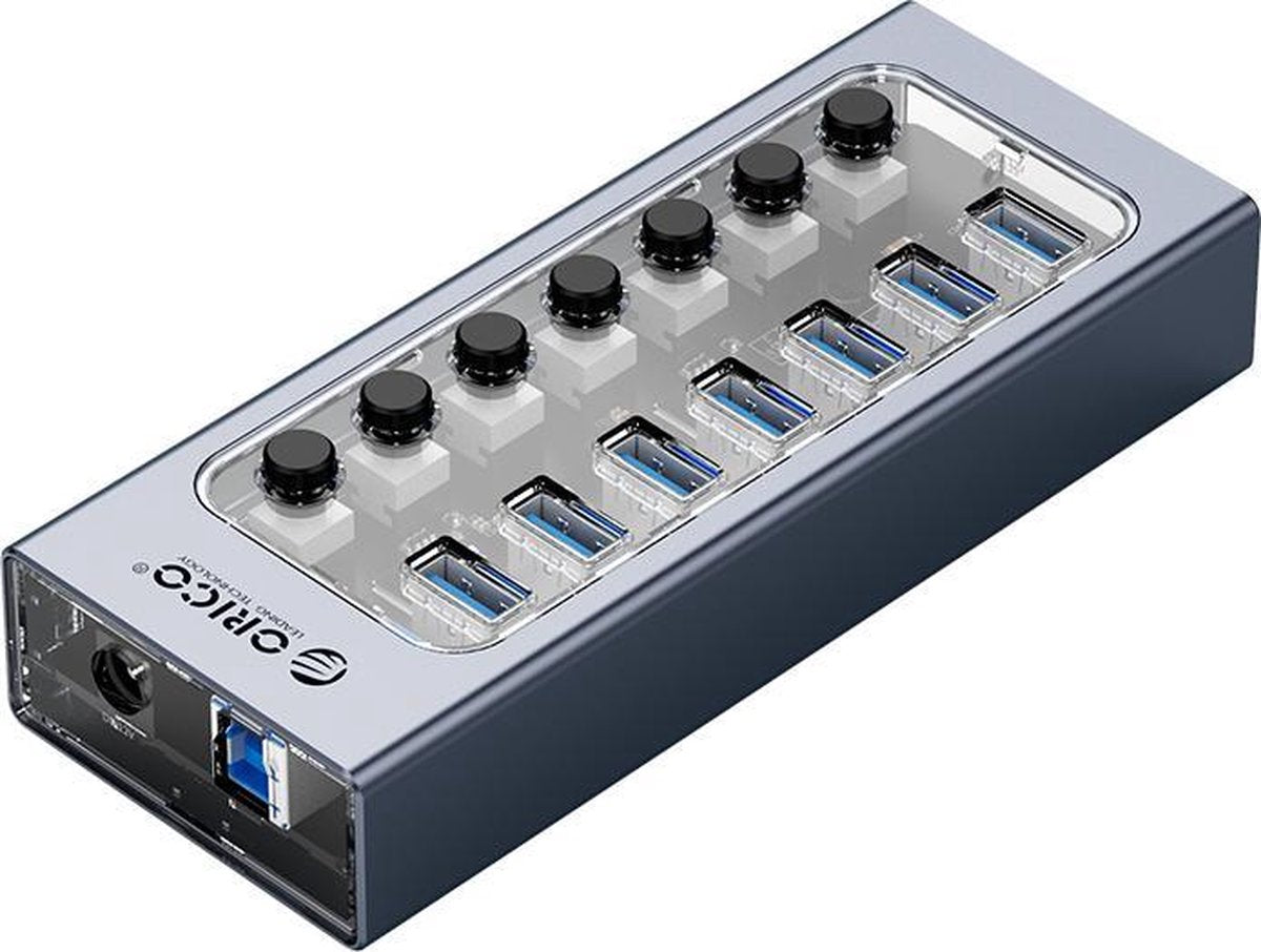 ORICO USB 3.0 hub met 7 poorten - aluminium en transparant design - BC 1.2 - grijs